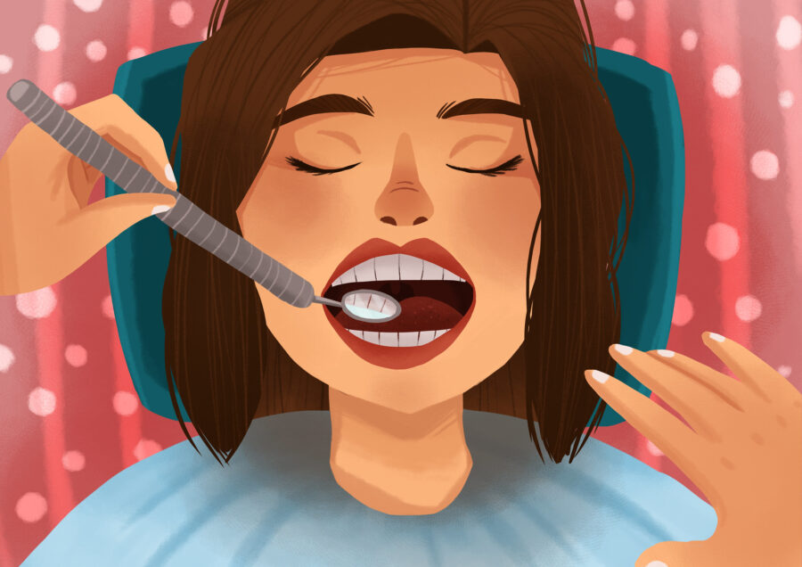 Cartoon image of a brunette woman getting her teeth examined at her family dentist in Martin, TN